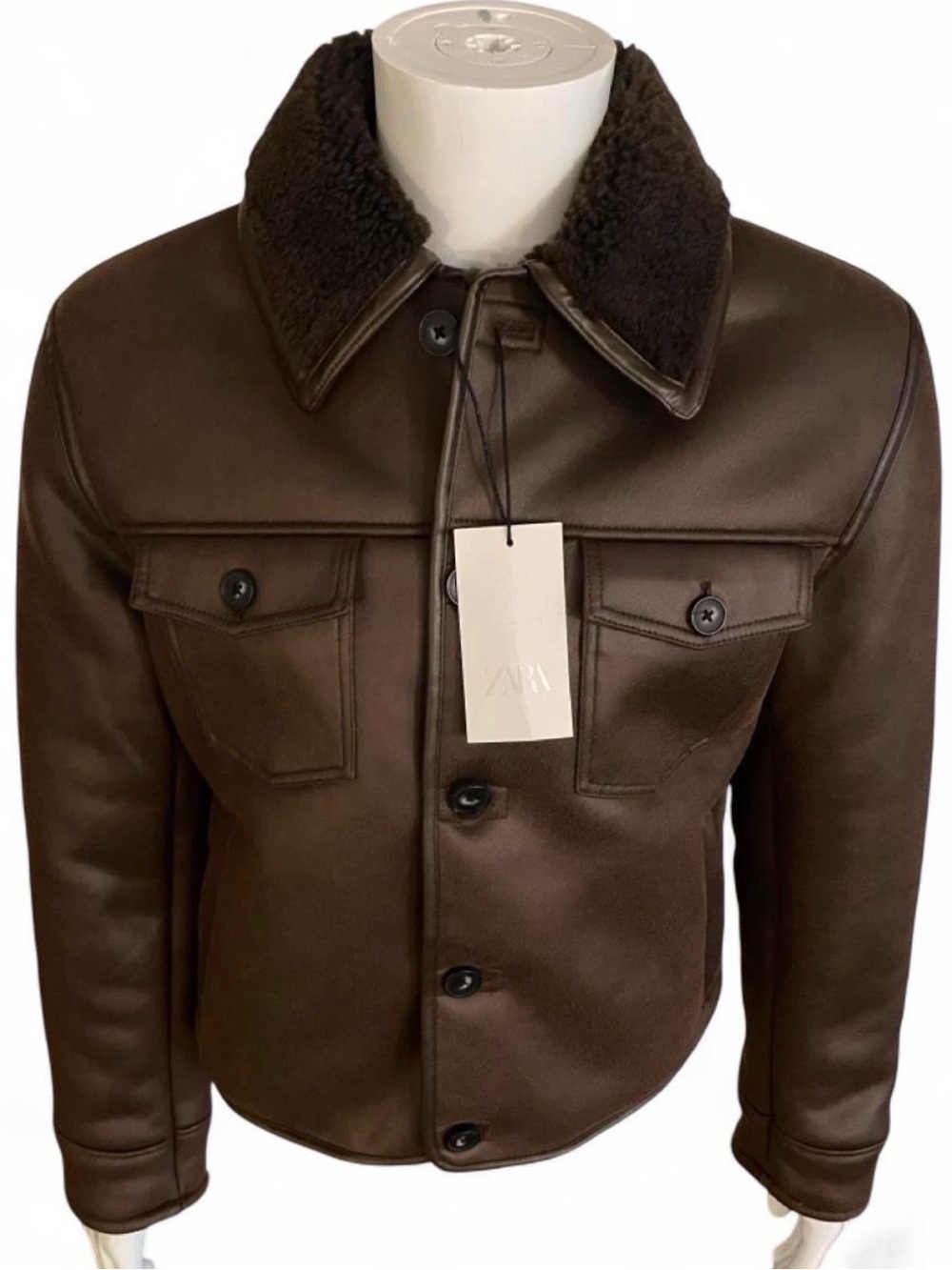 Zara Dark Brown Shearling-Collar Bomber Jacket